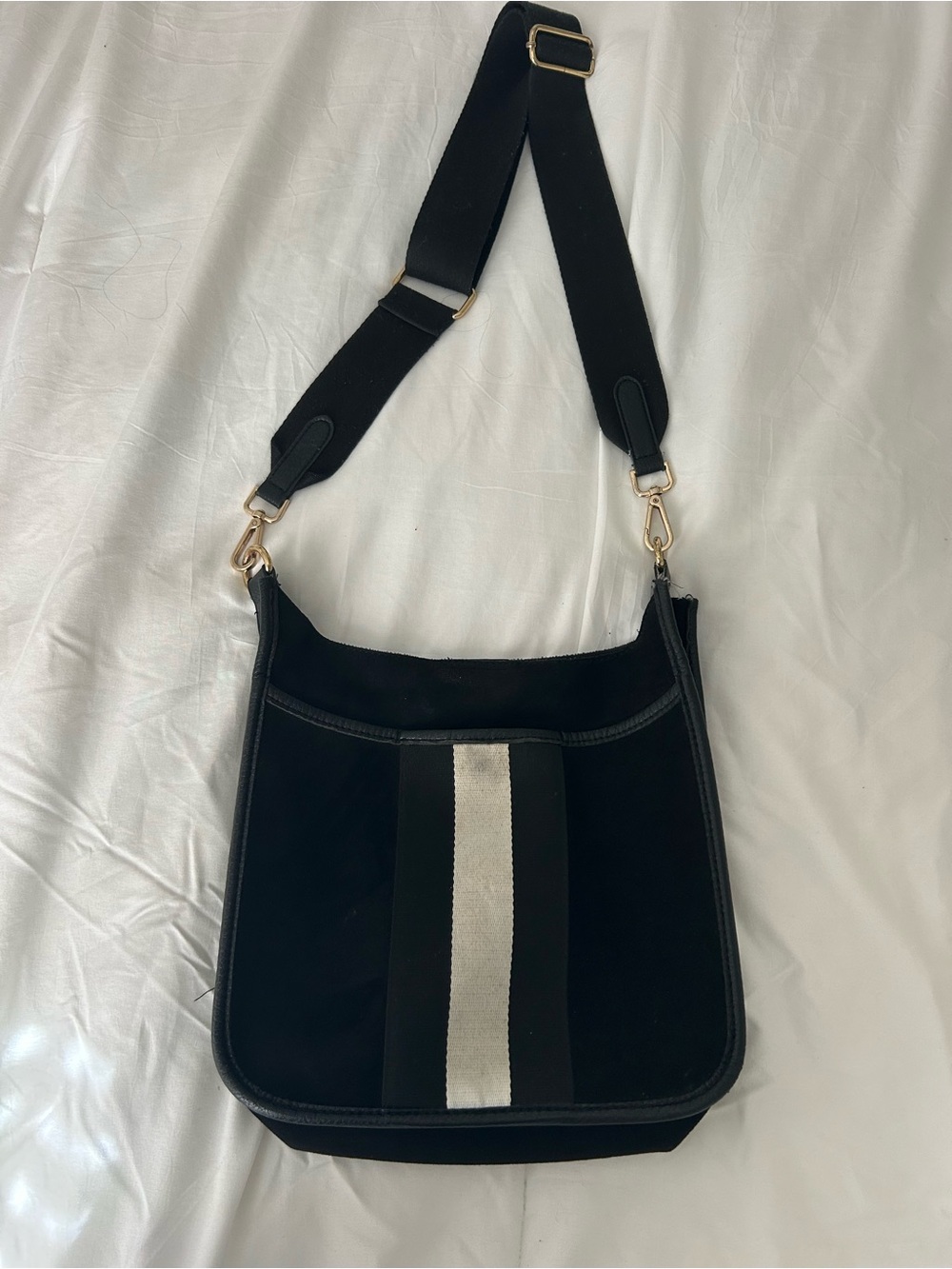 Black Crossbody Shoulder Bag with Center Stripe